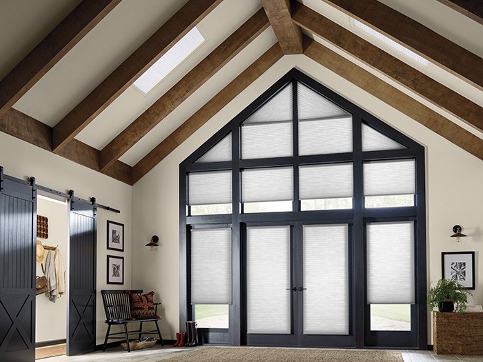 Large living room with vaulted ceiling and two skylight windows with Applause® Honycomb Shades.